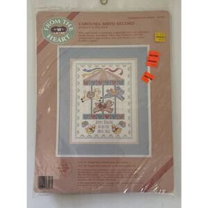 Vintage From the Heart Cross Stitch Kit Seal NOS 1991 Carousel Birth Record